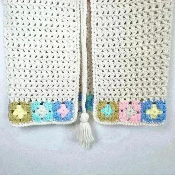 Crochet Cream and Multicolor Granny Square Tie Front with Tassle Wool Boho Vest - Picture 3 of 15